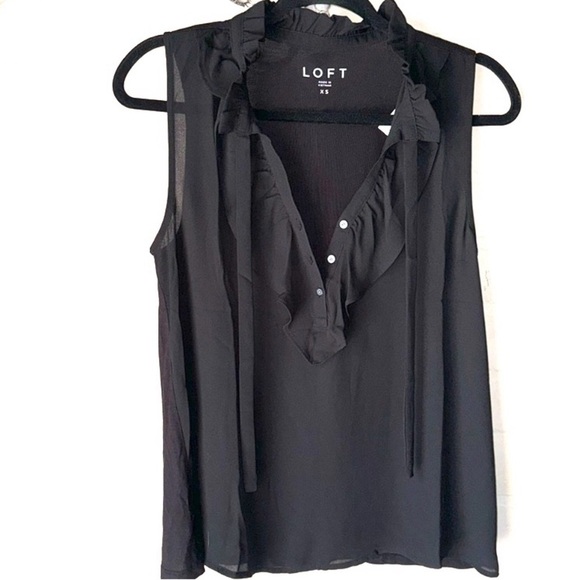 Loft black blouse sleeveless tank top xs semi sheer NEW ruffled detail NEW - Picture 2 of 3